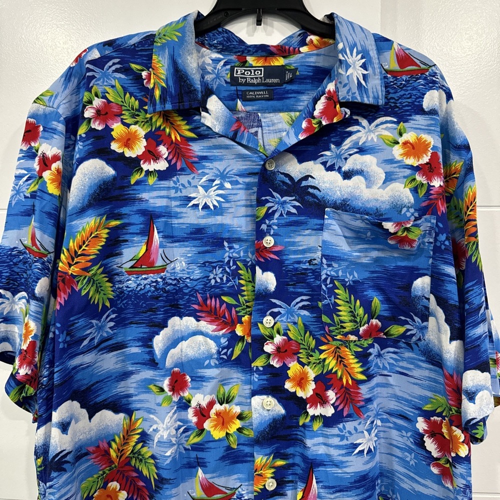 VTG Polo Ralph Lauren Caldwell Rayon Hawaiian Shirt Camp Collar Floral Mens L